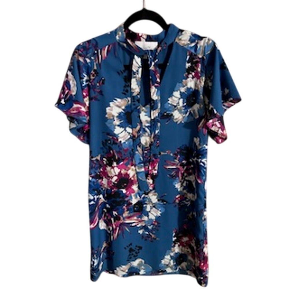 Charles Henry Women's sz S Floral Shift Dress flounce sleeve tie-neck